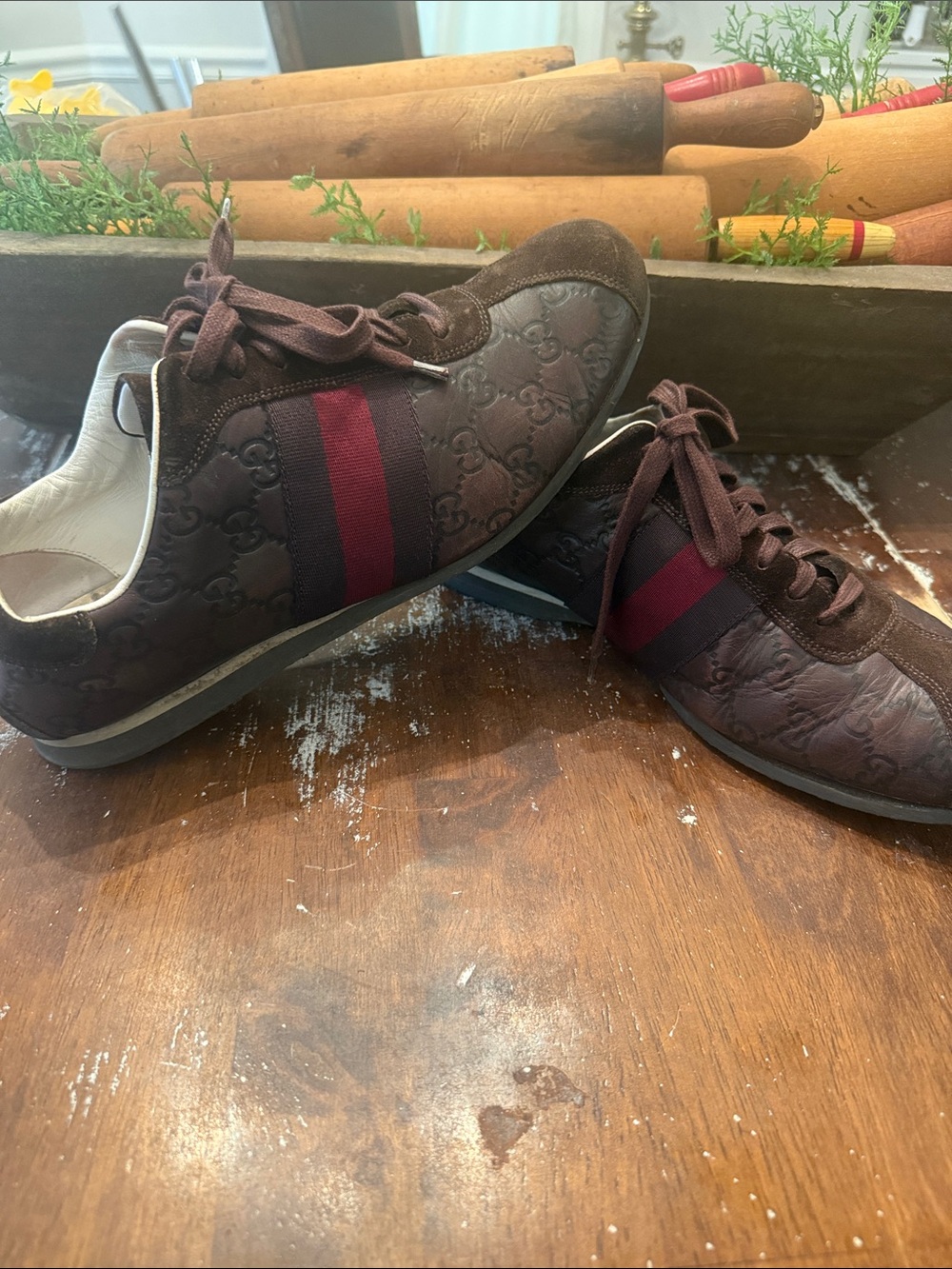 Gucci Brown Leather GG embossed Sneakers with Red and Green Web Stripe
